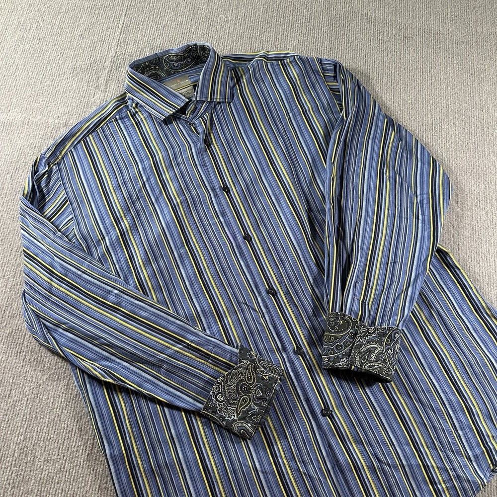Thomas Dean Shirt Mens Large Blue Stripe Flip Cuff Long Sleeve Button Up Paisley